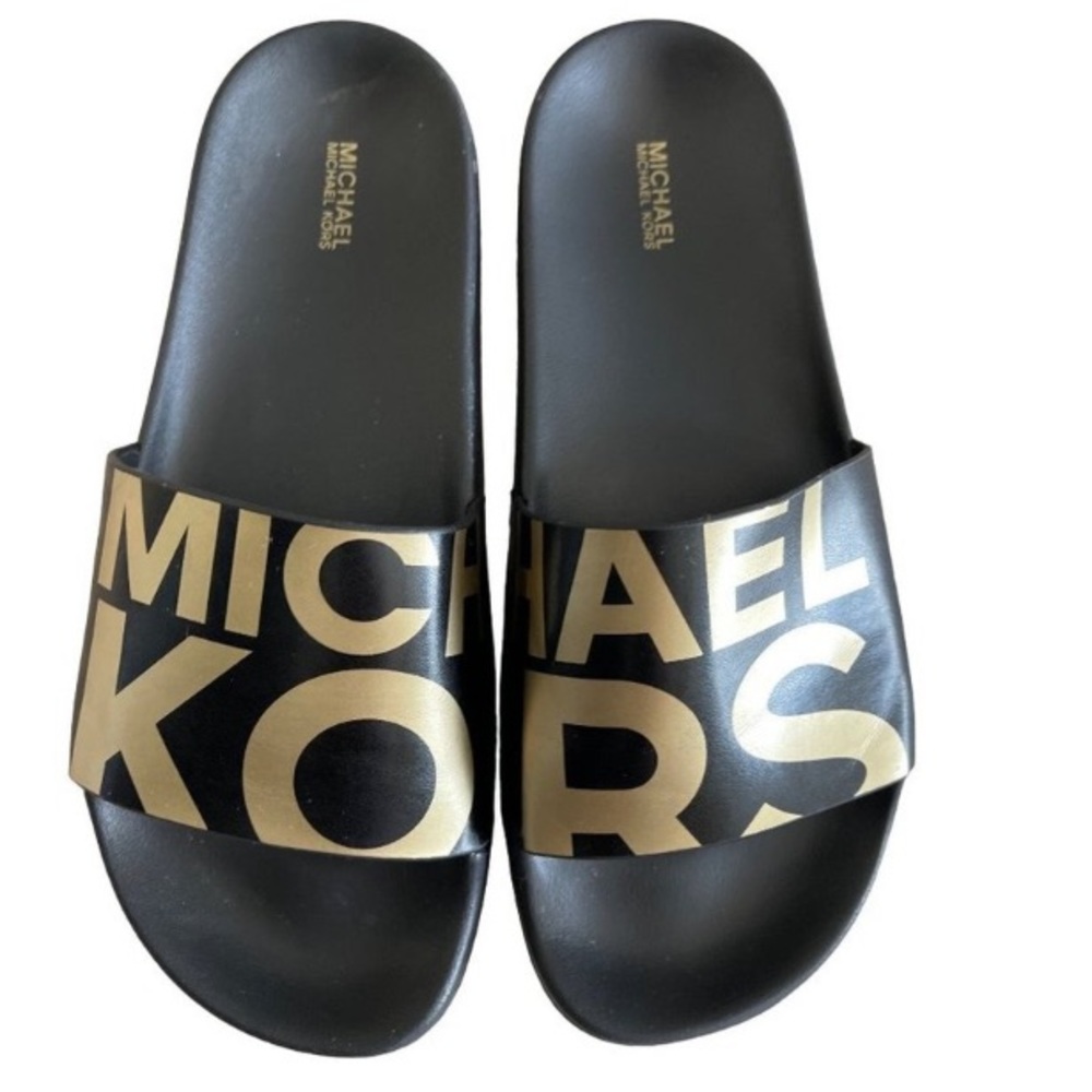 Like new Michael Kors black & gold logo slides sandals.